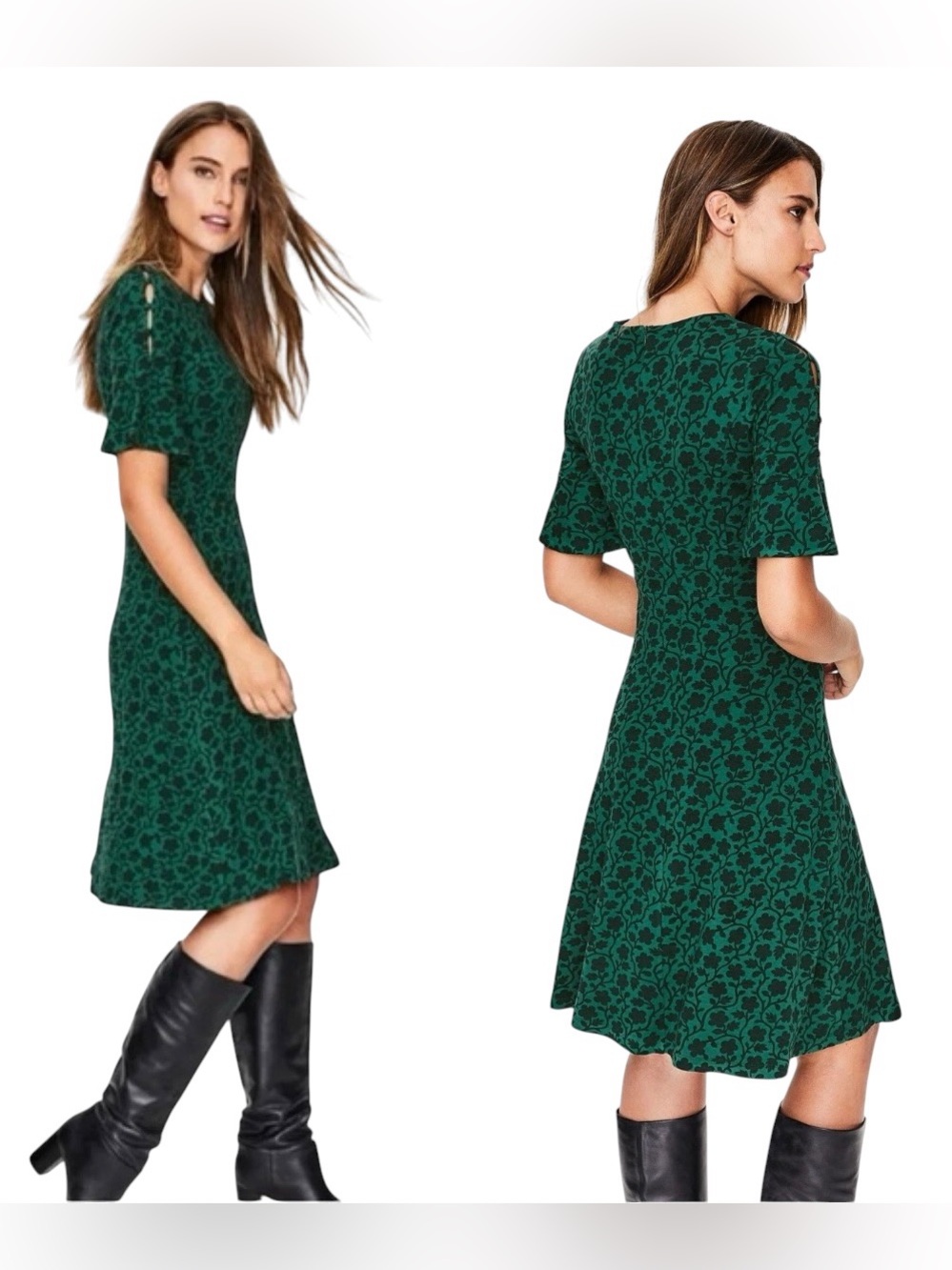 Boden Alexis Green Floral Jersey Fit Flare Flounce Sleeve Knee Length Dress 8L
